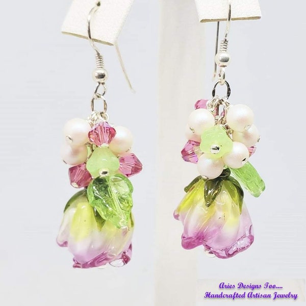 Pink Rose Bud Earrings, Floral Earrings, Pink Earrings, Dangle Earrings, Czech Glass Earring, Flower Earrings, Wedding, Prom, Gift Earrings