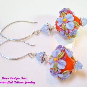 Lampwork Earrings,Floral Earrings,Orange & Periwinkle Blue Earrings,Diamond Shaped Earrings, Dangle Earrings,Glass Bead Earrings e