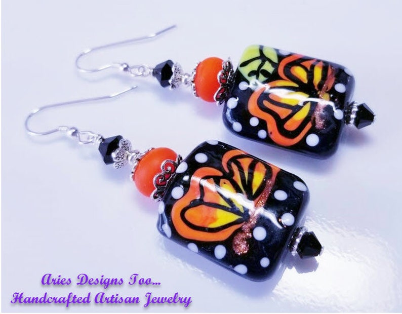 Colorful Butterfly Lampwork Earrings in Black Orange and Yellow