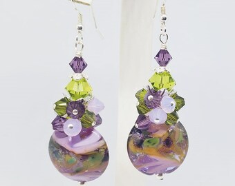 Purple and Green Earrings,Abstract Earrings,Cluster Earrings,Dangle Earrings, Funky Earrings, Gift Earrings