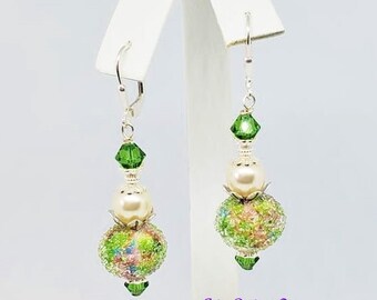 Tropical Forest Sugared Lampwork Earrings in Shades of   Green , Red and Blue