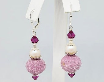 Sugared Raspberry Lampwork Earrings w/ White Pearls and Fucshia Crystals