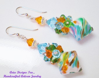 Orange, Aqua, Green and White Abstract Lampwork Cluster Earrings