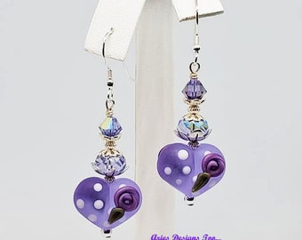 Lampwork Earrings,Heart Earrings,Floral Earrings,Purple & Violet Earrings,Dangle Earrings,Glass Bead Earrings,Gift Earrings