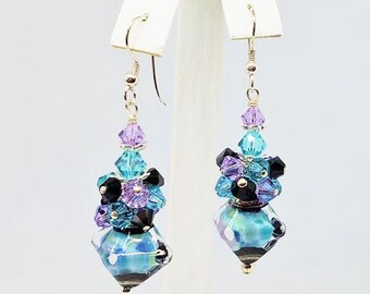 Aqua,Purple and Black Earrings,Diamond Shaped Earrings,Cluster Earrings,Abstract Earrings,Dangle Earrings, Glass Earrings,Gift Earrings