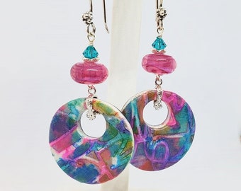 Colorful Hoop Resin Earrings ,Multicolor Hoop Earrings, Fuchsia, Green  & Blue Earrings, Dangle Earrings, Fiesta Earrings, Gift Earrings