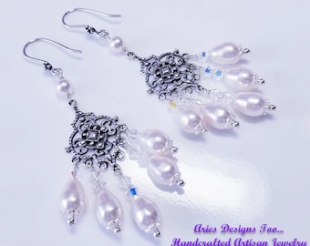 Sterling Silver Bridal Chandelier Earrings with White Swarovski Pearl's and AB Crystals