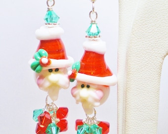 Santa Lampwork Earrings in Red, White and Green with Crystal Dangles
