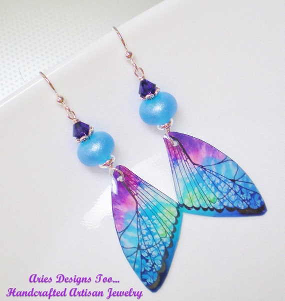 Butterfly Earrings,Butterfly Wing Earrings,Purple,Aqua,Green & Blue Earrings,Nature Earrings,Lightweight Earrings,Long Earrings, Gift