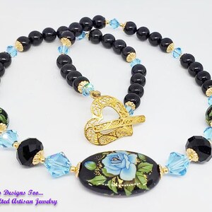 Blue Rose Tensha Necklace with Blackstone Beads and Aqua  Austrian Crystals, Floral Necklace, Midnight Garden Necklace