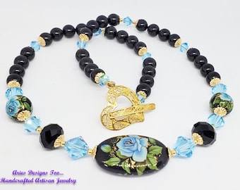 Blue Rose Tensha Necklace with Blackstone Beads and Aqua  Austrian Crystals, Floral Necklace, Midnight Garden Necklace