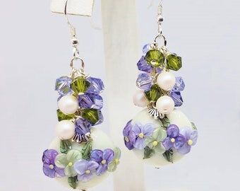 Purple and Violet Floral Lampwork Earrings, Purple, Violet and Green Cluster Earrings, Dangle Earrings, Floral Earrings, Gift Earrings