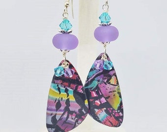 Colorful Abstract Clay Wing Earrings, Purple,Aqua,Fuchsia and Black Wing Earrings, Lightweight Earrings, Long Earrings, Gift Earrings