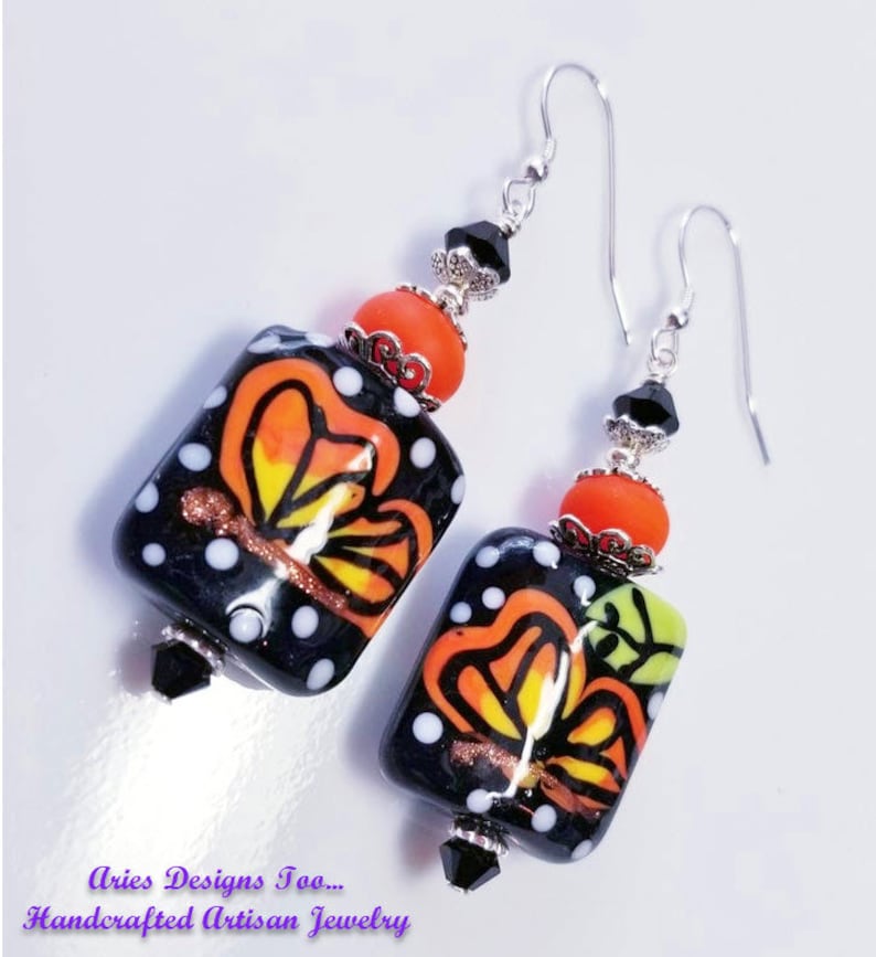 Colorful Butterfly Lampwork Earrings in Black Orange and Yellow