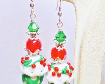 Lampwork Earrings,Cupcake Earrings,Floral Earrings,Red ,Green & White Earrings,Christmas Earrings,Holiday Earrings,Gift Earrings
