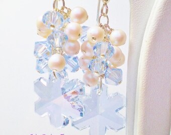 Pale Blue Snowflake Crystal Cluster Earrings with Iridescent Pearls