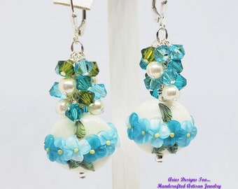 Aqua & Teal Floral Lampwork  Earrings,   Aqua,Teal and Cream Cluster Earrings, Dangle Earrings, Floral Earrings, Gift Earrings