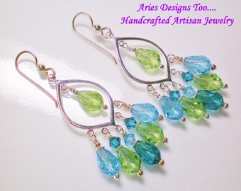 Austrian  Crystal Green, Aqua and Teal Chandelier Earrings,Sterling Silver Chandelier Earrings in Peridot, Aqua and Teal