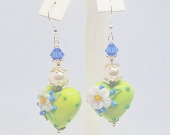 Lemon/Lime Lampwork Heart Earrings, Floral Earrings, Heart Earrings, Lime Green ,Blue and White Earrings,Spring Earrings.Dangle Earrings