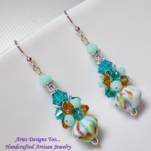 Mint Green,Topaz,White and Turquoise Diamond Shaped Cluster Earrings, Abstract Diamond Shaped  Earrings in Turquoise, Green a& Topaz