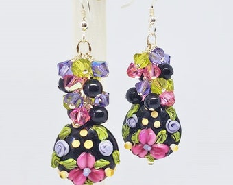 Black Floral Lampwork Earrings,  Rose, Violet and Green Floral Earrings, Midnight Gardens Earrings,Cluster Earrings,Dangle Earrings