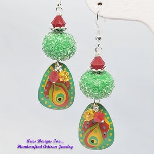 Green, Red and Yellow Abstract Enameled Charm Earrings w/  Green Lampwork Sugar Beads