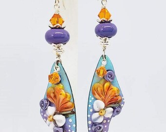 Floral Butterfly Wing Earrings, Orange,Purple and Aqua Floral Earrings, Wing Earrings, Long Earrings, Enameled Earrings,,Gift Earrings