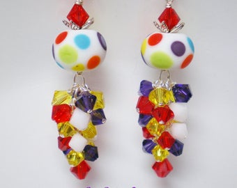 Beach Baby, Colorful Polka Dotted Lampwork Earrings with Austrian Crystal Clusters, Colorful Earrings, Summer Earrings