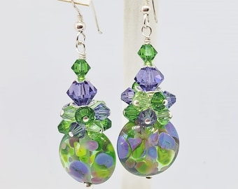 Green & Purple Abstract Earrings,Rain Forest Earrings, Summer Earrings, Cluster Earrings ,Crystal Earrings, Gift Earrings, Vacation Earrings