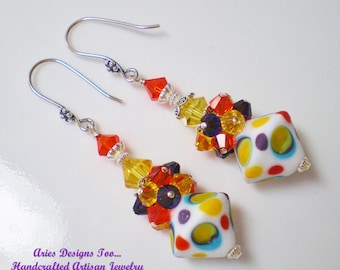 Colorful Red, Yellow, Purple, White and Blue Dotted Lampwork Bicone Earrings with Clusters of Crystals,  Funky Lampwork Earrings