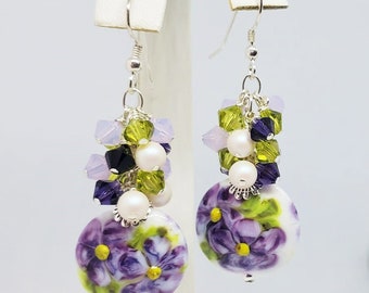 Purple & White Floral Lampwork Earrings,Purple ,White and Green Floral Earrings,Cluster Earrings,Dangle Earrings,Gift Earrings