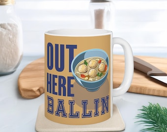 Out Here Ballin Mug - Funny Jewish Holiday Gift, Hanukkah or Passover Mug, Judaica Gift, Chag Sameach Coffee Cup Mug, (11oz, 15oz)