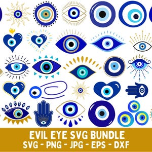 Könnte beinhalten: Eine Sammlung von blauen und weißen Evil-Eye-Designs in verschiedenen Formen, darunter Augen, Herzen und Hände. Die Designs sind im digitalen Kunststil gehalten, mit dem Text "EVIL EYE SVG BUNDLE" darunter.