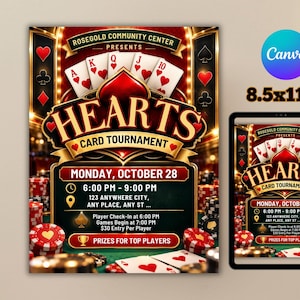 Könnte beinhalten: Ein Flyer für ein Hearts-Kartenturnier im Rosegold Community Center am Montag, den 28. Oktober, von 18:00 bis 21:00 Uhr. Das Design zeigt Spielkarten, Pokerchips und goldenen Text auf dunklem Hintergrund mit einer Größe von 21,59 x 27,94 cm.