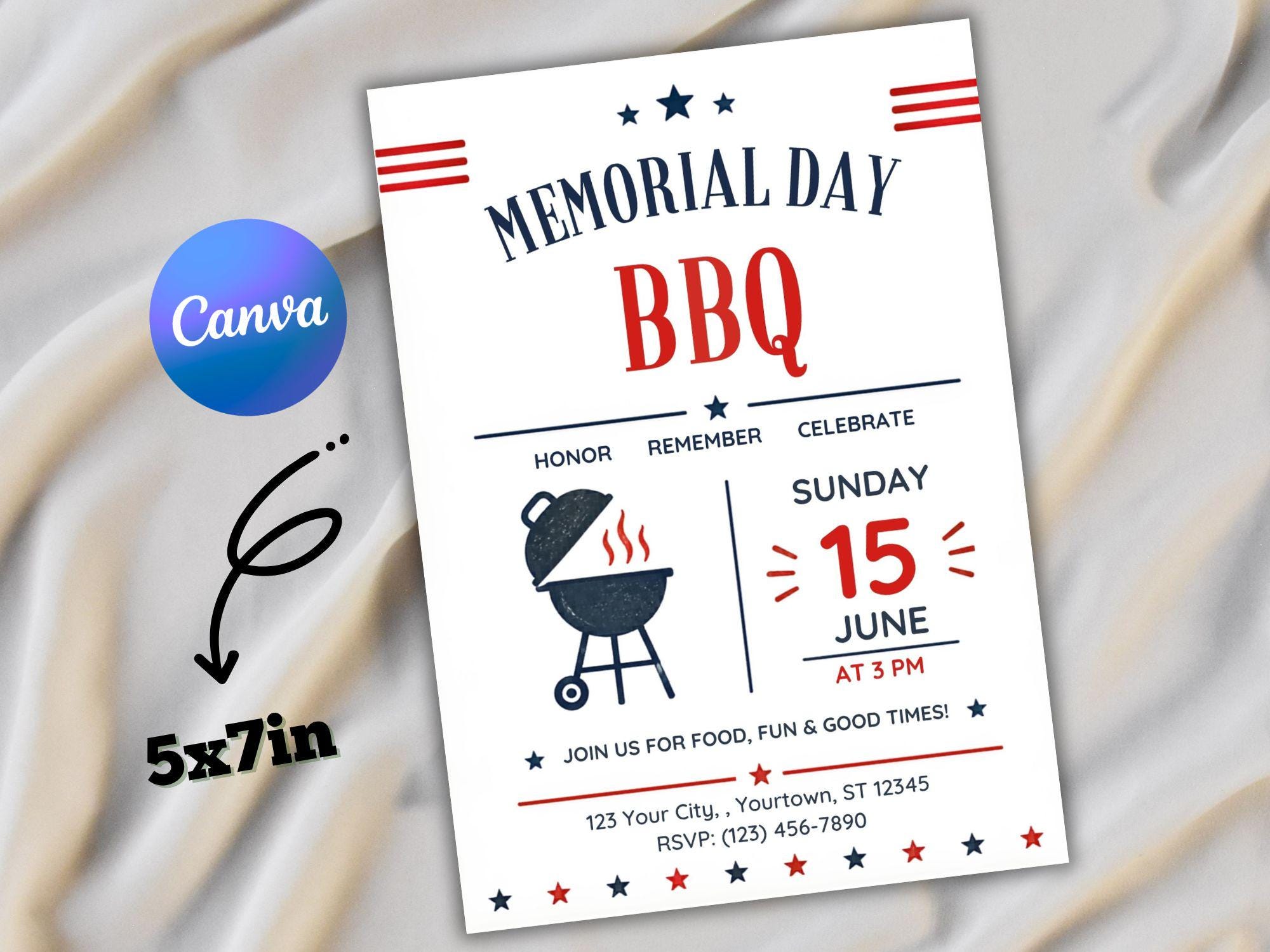 Memorial Day BBQ Invite Template, Memorial Day Barbecue Canva Editable ...