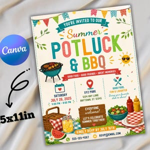 Puede incluir: Una colorida invitación de 21,6 x 27,9 cm para una barbacoa y potluck de verano. El diseño incluye una parrilla, una cesta de picnic y un sol. El texto de la invitación incluye la fecha, hora, lugar e información de RSVP.
