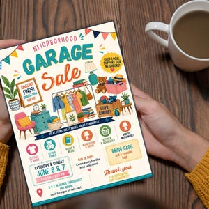 May include: A flyer for a neighborhood garage sale featuring colorful illustrations of clothing, toys, and home goods. The text includes 'NEIGHBORHOOD GARAGE SALE', 'AMAZING FINDS!', 'TOYS & MORE!', 'SATURDAY & SUNDAY JUNE 6 & 7', and 'BRING CASH and a reusable bag!'