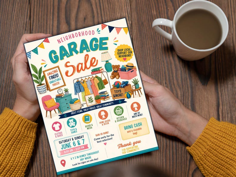 May include: A flyer for a neighborhood garage sale featuring colorful illustrations of clothing, toys, and home goods. The text includes 'NEIGHBORHOOD GARAGE SALE', 'AMAZING FINDS!', 'TOYS & MORE!', 'SATURDAY & SUNDAY JUNE 6 & 7', and 'BRING CASH and a reusable bag!'