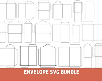 Puede incluir: Una colección de plantillas de sobres en varias formas y tamaños, delineadas en negro sobre un fondo blanco. La frase "ENVELOPE SVG BUNDLE" se muestra en texto blanco sobre una pancarta naranja quemado en la parte inferior de la imagen.