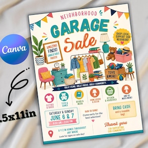 May include: A flyer for a neighborhood garage sale measuring 8.5x11 inches. The design features colorful illustrations of clothing, toys, and home goods, with text including Neighborhood Garage Sale, June 6 & 7, 8:00 AM - 2:00 PM, and Bring Cash.