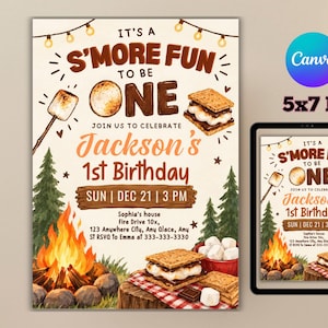S'mores Geburtstagseinladung Lagerfeuer Geburtstag einladen Smore Fun to be One Hinterhof Camping Party Herbst Lager Outdoor Lagerfeuer EDITIERBAR