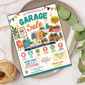 May include: A rectangular garage sale flyer featuring colorful illustrations of clothing, furniture, and toys. The text reads Neighborhood Garage Sale, Amazing Finds, Toys & More, Clothes & Shoes, Books & Media, Home & Decor, Kitchen & Household, and June 6 & 7.