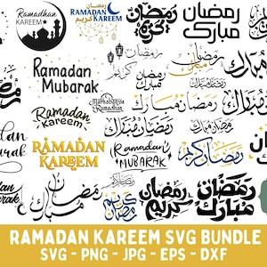 Könnte beinhalten: Eine Sammlung von Designs zum Thema Ramadan, mit Kalligraphie und grafischen Elementen. Das Bild zeigt Halbmonde, Moscheen und Laternen. Der Text enthält "Ramadan Kareem" und "Ramadan Mubarak". Das Banner unten lautet "Ramadan Kareem SVG Bundle".