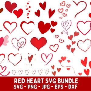 Könnte beinhalten: Eine Sammlung roter Herzdesigns in verschiedenen Stilen, darunter solide, umrandete und gepunktete Herzen, einige mit Flügeln oder verbundenen Formen. Das Bild enthält den Text "RED HEART SVG BUNDLE" und Dateitypoptionen.