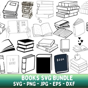 Puede incluir: Una colección de ilustraciones de libros en blanco y negro, que incluyen pilas, libros abiertos y volúmenes individuales. Un libro tiene el texto "I ♡ BOOKS". La imagen también incluye el texto "BOOKS SVG BUNDLE".