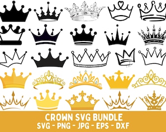 May include: A collection of various crown designs in black and gold, with the text "CROWN SVG BUNDLE" at the bottom. The crowns vary in style, from simple silhouettes to ornate, jeweled designs, suitable for digital crafting projects.