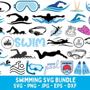 May include: A collection of swimming-themed SVG graphics in black and blue, including swimmers, goggles, and pool elements. The text "SWIM" and "SWIMMING SVG BUNDLE" are also present. Ideal for crafting projects.