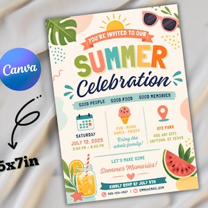 Può includere: Invito a una festa estiva di 12,7 x 17,8 cm con sfondo beige chiaro. Il design include un sole, occhiali da sole e foglie tropicali. Il testo include "Summer Celebration", data, ora e informazioni RSVP.