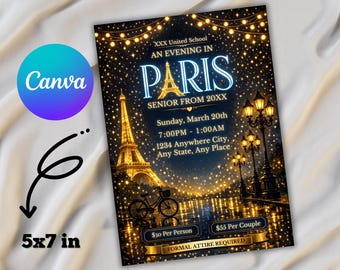 Paris Prom Flyer, School Dance Invite, Evening in Paris (5x7 Inches) (Digital Download)
