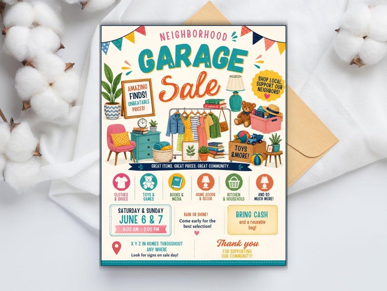 May include: A flyer for a Neighborhood Garage Sale featuring colorful illustrations of clothing, toys, and home goods. The text includes dates for June 6 and 7, times from 8:00 AM to 2:00 PM, and instructions to bring cash and a reusable bag for the event.